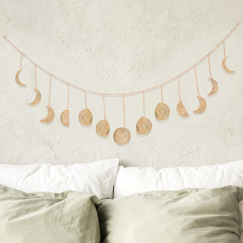 Moon Phase Wall Hanging Garland - 13 Gold Hammered Metal Boho Wall Decor Moon Garland 36'' - Celestial Phases Moon Decor in Bohemian Style - Moon Phases Wall Art for Home, Bedroom, Living Room
