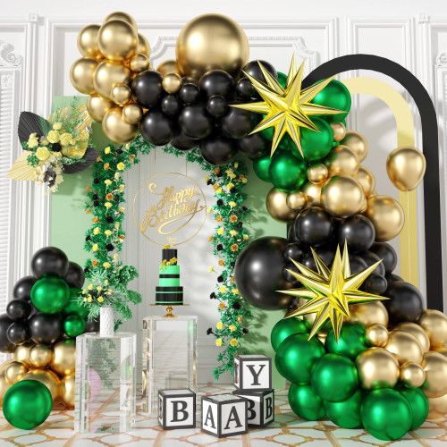 Black Green Balloon Arch Garland Kit, Chrome Green Gold Balloons Arch Kit with Star Foil Balloons, Metallic Gold Balloons, Latex Balloons for Birthday Decorations Party Baby Shower Wedding Decorations