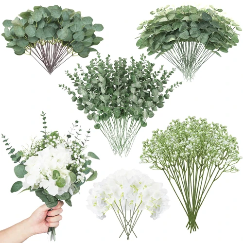XunYee Artificial Greenery Stems Bulk Silver Dollar Eucalyptus Leaves Stems Set White Fake Mixed Eucalyptus Flowers Decor Branches for Bouquets Floral Arrangement Wedding Decor (90 Pcs)