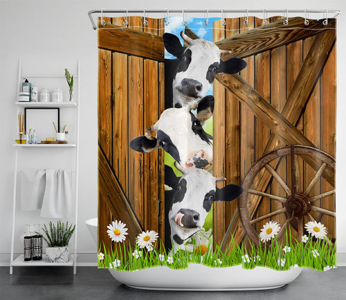 LB Farm Cow Shower Curtain, Farmhouse Barn Door Rustic Retro Wooden Boards White Daisy Bath Curtain Farm Animals Cattle Green Plant Shower Curtains, Bathroom Curtain 72x78 Inch Polyester Fabric