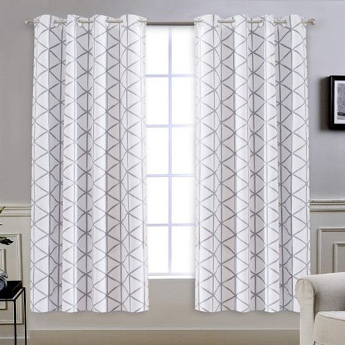 DriftAway Raymond Geometric Triangle Trellis Pattern Lined Thermal Insulated Blackout Grommet Energy Saving Window Curtains 2 Layers 2 Panels Each 52 Inch by 63 Inch Soft White and Gray