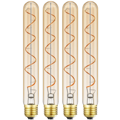 Leools Vintage LED Spiral Filament Bulb T10, 8.9inch Long Tubular Dimmable Edison Light Bulbs,E26 Base,Amber Glass,Warm White,2200K, 400LM(40W Equivalent), Pack of 4