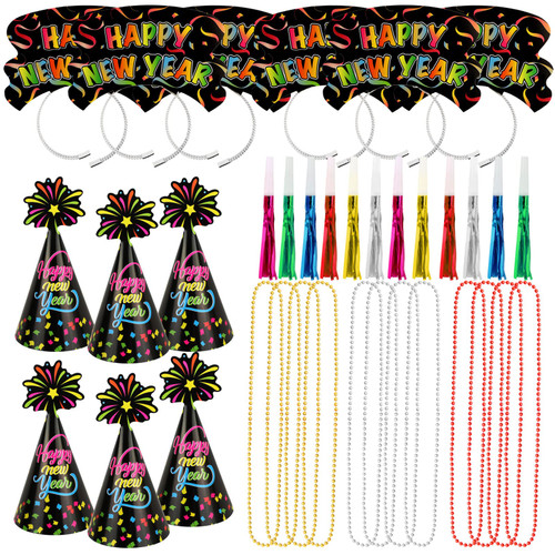 HOWAF Happy New Year Party Kit, Pack of 36 2023 New Year Decoration Favors, Happy New Year Headpieces New Year Fringed Noisemaker Bead Necklaces Cone Hats for New Year's Eve Party Supplies