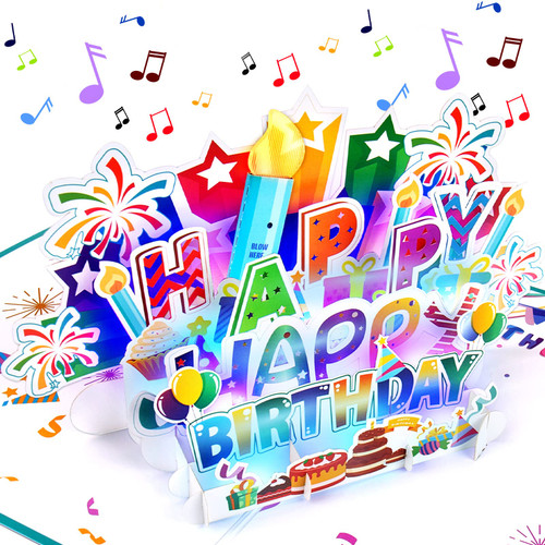 Large 3D Pop Up Birthday Card with Blowable Candle, Musical Happy Birthday Cards with Light, Funny Greeting Card for Women and Men with Envelope