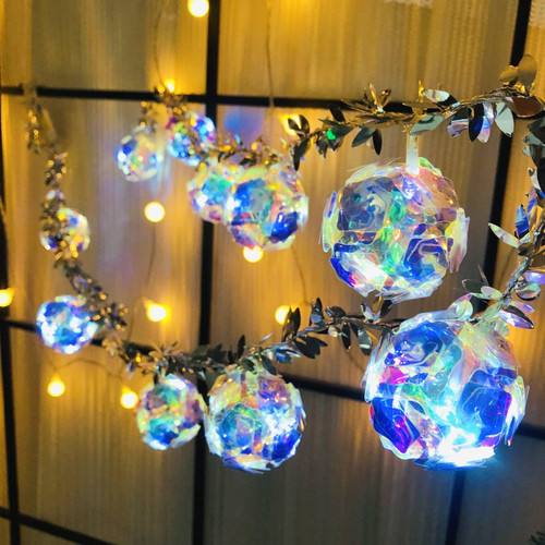 10 LED Colorful Rose Globe Ball Mirror String Lights 5.9 ft Disco Ball Fairy Lights Battery Powered for Halloween,Ramadan,Christmas Decoration (1.8m/10led, Purple Ball&Silver Leaf)