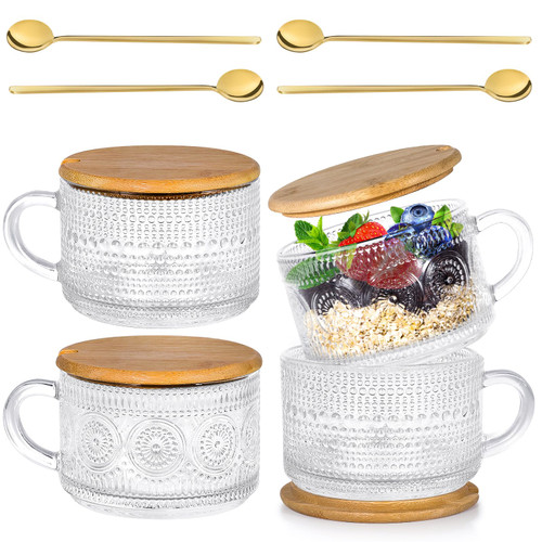 14oz Glass Coffee Mugs Cups , Overnight Oats Containers with Bamboo Lids and Spoons,Coffee Bar Accessories,Clear Embossed Tea Cups,Coffee Cups for Cappuccino, Latte,Christmas Thanksgiving Gift