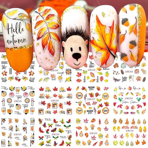 Maple Leaf Nail Art Sticker Fall Water Transfer Nail Stickers Decals Thanksgiving Nail Art Decoration with Watercolours Maple Leaf Pumpkin Design for Women Girls Nail Supplies