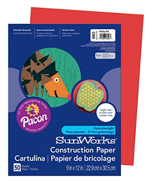 Pacon SunWorks Construction Paper, 9-Inches by 12-Inches, 50-Count, Holiday Red (9903)