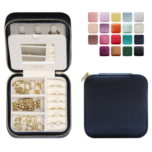 BLUTETE Travel Jewelry Box Organizer Velvet Travel Case With Mirror Ring Earrings Necklaces Storage Organizer Box (Navy Velvet)