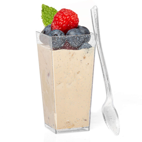 100 Mini Plastic Dessert Cups with Spoons - 3 oz Silver Glitter Dessert Shooters for Chocolate Desserts, Appetizers, Samplers, Shot Glasses & More