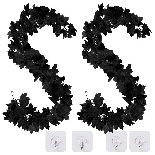 Sggvecsy 2 Pack Black Maple Leaf Garland Halloween Fall Maple Garland Artificial Autumn Garland Hanging Fall Leaves Vines 5.7Ft for Halloween Thanksgiving Home Party Fireplace Wedding Dinner Deco