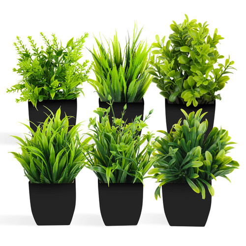 APKPK Fake Plants Mini Potted Artificial Plants, 6 Pack Artificial Eucalyptus Plants Small Houseplants Greenery in Black Pot, Small Faux Plants Decor for Home Bathroom Office Farmhouse Desk Shelf