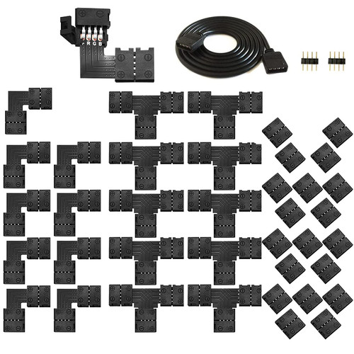 LED Connector - LED Strip Lights 4 Pins RGB Connector with L Shape,T Shape,Gapless 4 pin connectors,2M Extension cord for 10MM width 5050 RGB Strip Light Solderless LED Adapter Light Connectors