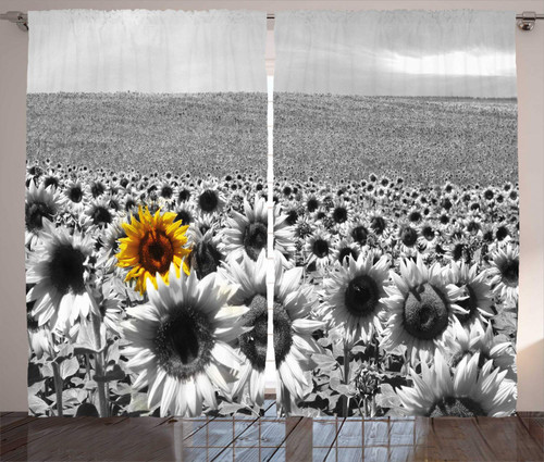 Ambesonne Modern Curtains, Sunflower Field Black and White a Single Yellow Flower Inspired by Spring Landscape Individuality Art, Living Room Bedroom Window Drapes 2 Panel Set, 108" X 96", Grey Yellow