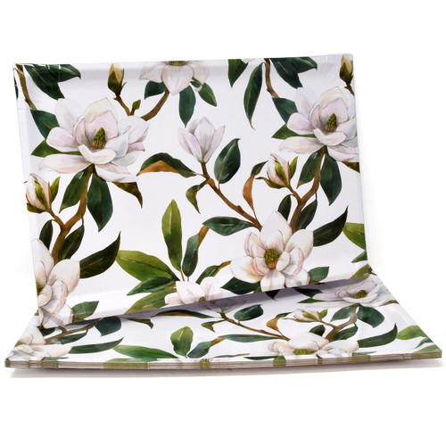 10 Disposable White Floral Serving Trays Large 10.75" X 15.75" Heavy Duty Rectangle Paper Cardboard Magnolia Flower Tray for Spring Dessert Platter Cupcake Display Birthday Party Tableware Supplies