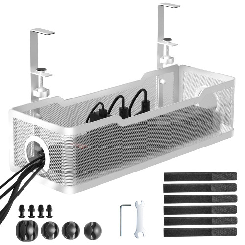 Under Desk Cable Management Tray White, Cinati Cable Management Under Desk No Drill, Cable Tray with Clamp for Desk Wire Management,Desk Cable Management Box for Office, Home - No Damage to Desk