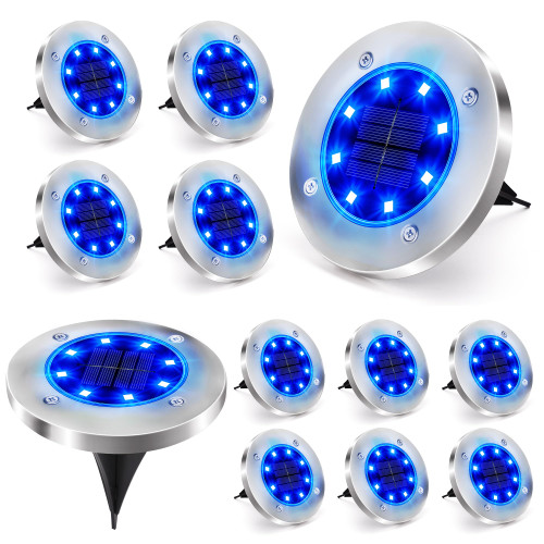 Brizled 12 Pack Blue Solar Ground Lights, 8 LED Solar Disk Lights, Outdoor Solar Lights Waterproof In-Ground Landscape Path Lighting Disc Lights for Pathway Garden Lawn Yard Driveway Walkway Sidewalk