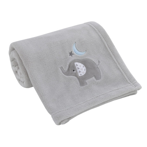 NoJo Elephant Stroll Gray Star & Blue Moon Applique Super Soft Baby Blanket, Grey, Charcoal, Blue