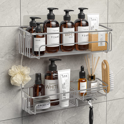 MALDIK Shower Caddy,2 pack Shower Shelves,Adhesive Shower Organizer,No Drilling Shower Rack,Large Capacity,Rustproof Stainless Steel Bathroom Shower Organizer,Shower Shelf for Inside Shower,Silver.