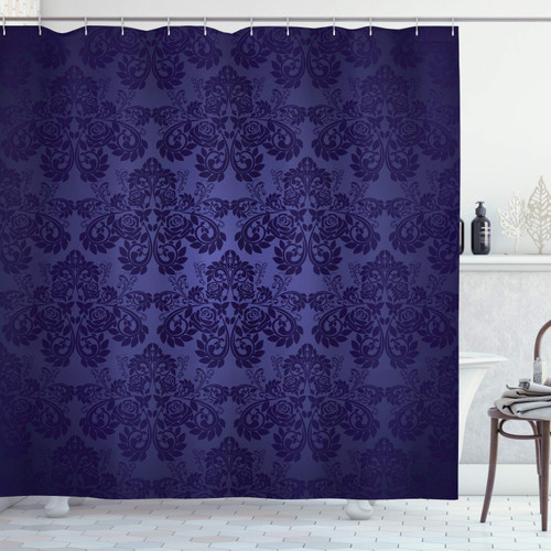 Ambesonne Dark Purple Shower Curtain, Royal Floral Damask Motifs Antique Design Vintage Victorian Print, Cloth Fabric Bathroom Decor Set with Hooks, 69" W x 70" L, Dark Blue