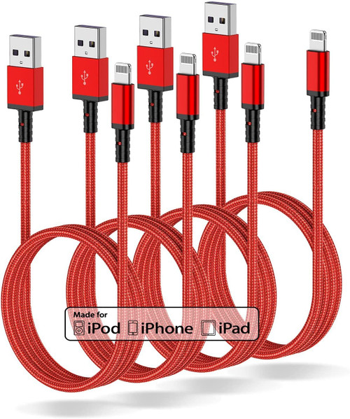 Uzeuza 4Pack 10ft iPhone Charger Cable, [ MFi Certified ] Long Lightning to USB Cable 10 Feet,10 Foot Nylon Fast Apple Charging Cord for 13 Pro Max/12/11 Pro/11/XS/XR/8/7/6s/6/5S/SE/iPad, Red