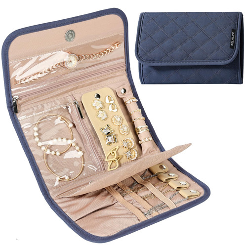 BELALIFE Travel Jewelry Organizer Case, Foldable Jewelry Storage Roll for Earrings, Necklaces, Rings, Bracelets, Brooches, Blue-Gray
