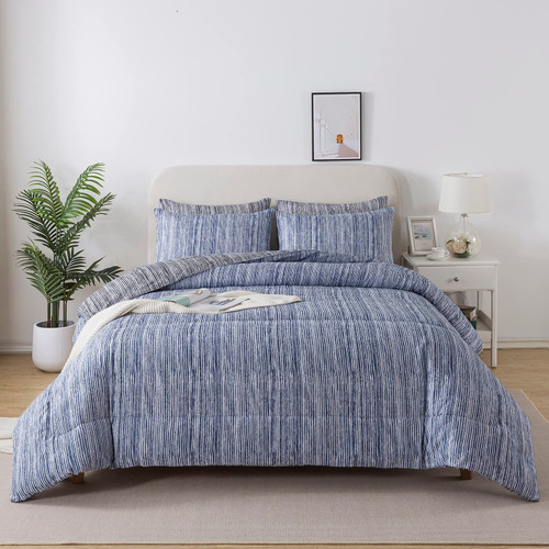 Caressma Blue Striped Comforter Set Queen Size, Blue and White Comforter Set Microfiber Farmhouse Lightweight Down Alternative 3 Pieces Bedding Comforter (90"x90")