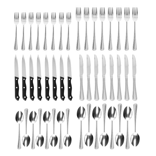 QOUTIQUE 48 Piece Stainless Steel Flatware, Beaded, Service for 8 Silverware Set Cutlery Set Utensils, for Home Kitchen, Include Knives Spoons Forks Steak Knives, Mirror Polished, Dishwasher Safe