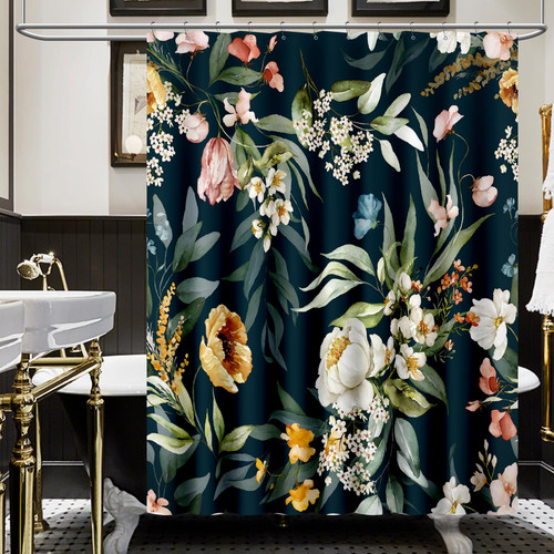 Amaredom Black Floral Shower Curtain for Bathroom, Colorful Leaves Curtain Bathroom Decoration, Shower Curtain Set with Curtain Hooks