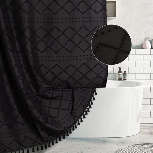 Siiluminisoy Boho Black Textured Shower Curtain with Tassels 72 x 72 Tufted Chevron Striped Chenille Woven Fabric Cloth Shower Curtain Modern Farmhouse Minimalist, Shabby Chic Home Decor for Bathroom