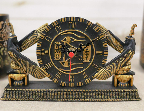Ebros Gift Classical Egyptian Kneeling Goddess Maat Isis Table Clock with Wedjat Eye of Horus Cartouche Hieroglyphic Numerals Face Figurine Gods and Goddesses of Egypt Desktop Shelf Centerpiece