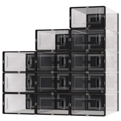 Fixwal 12 Pack Large Capacity Shoe Organizer Storage Boxes Foldable Shoe Storage Containers Clear Plastic Stackable Shoe Storage Bins with Drawers & Lids Shoe Holder Containers for Closet