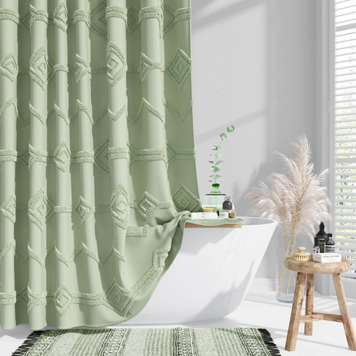 Dynamene Extra Long Shower Curtains, 84 Inches Long Boho Farmhouse Tufted Geometric Striped Fabric Shower Curtain for Bathroom, Tall Waterproof Cloth Shower Curtain Set with Hook, Sage Green, 72x84 Dynamene Extra Long Shower Curtains, 84 Inches Long Boho Farmhouse Tufted Geometric Striped Fabric Shower Curtain for Bathroom, Tall Waterproof Cloth Shower Curtain Set with Hook, Sage Green, 72x84