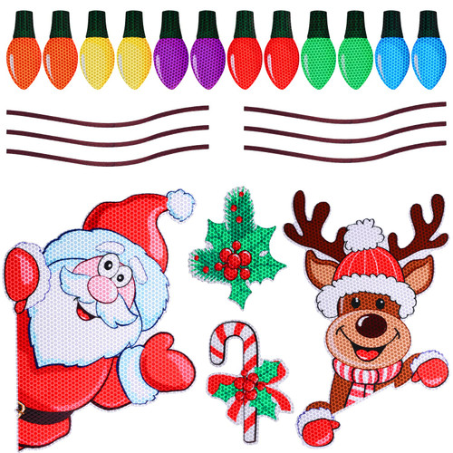 Christmas Reflective Car Magnets Set, Christmas Car Refrigerator Decorations Magnets with Santa Claus Elk Cane Candy Reflective Light Bulb Magnet Decorations for Car Garage Door Mailbox Decor