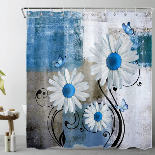 LB Farmhouse Vintage Floral Shower Curtain for Bathroom,Blue Butterfly and White Daisy Modern Minimalist Art Fabric Shower Curtain with Hooks,Grey and White Bathroom Curtains Shower Set, 72x72 inches