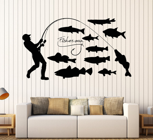Large Vinyl Wall Decal Fisherman Fishing Hobby Fishes Stickers Mural Large Decor (ig4393) White Large Vinyl Wall Decal Fisherman Fishing Hobby Fishes Stickers Mural Large Decor (ig4393) White