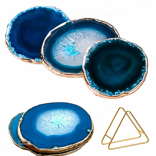 DHYz Agate Coasters - Set of 4 Geode Agate Slices Round with a Bonus Coaster Holder - Natural Agate Coaster - Blue Agate Coasters Blue Stone - Blue Slate Coasters - Geode Coaster Set (Blue)