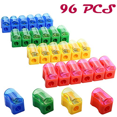 Finico 96 PCS Coloured Plastic Pencil Sharpener?Kids Plastic Manual Pencil Sharpener with Cap Bulk Set?Plastic Manual Pencil Sharpener?Mini Handheld Sharpener with Lid