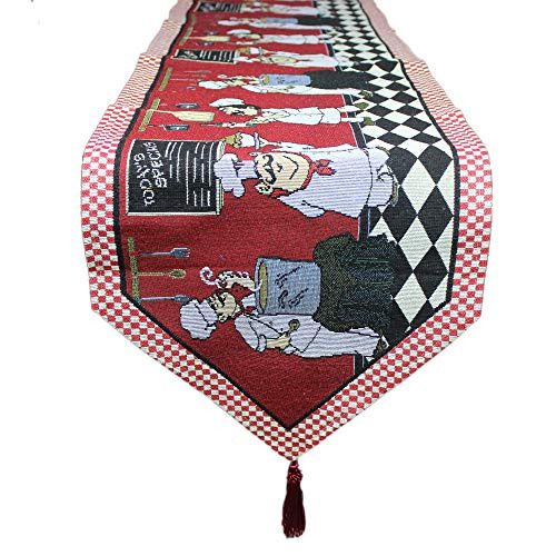 KEPSWET Cotton Linen Chef Table Runner with Tassels 13 x 72 Inch Red Washable Table Runner for Dining Table Decorative