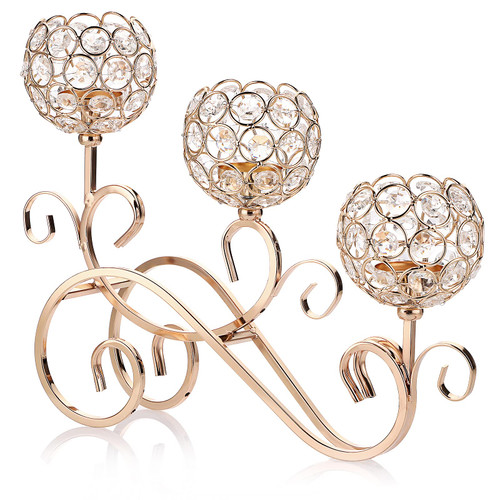 OwnMy 3 Arms Crystal Bowl Tealight Holder Candelabra Candle Holders, Crystal Votive Candle Stand Ornament Tea Light Candlestick Candle Centerpieces for Dining Table Home Decoration Wedding (Gold)