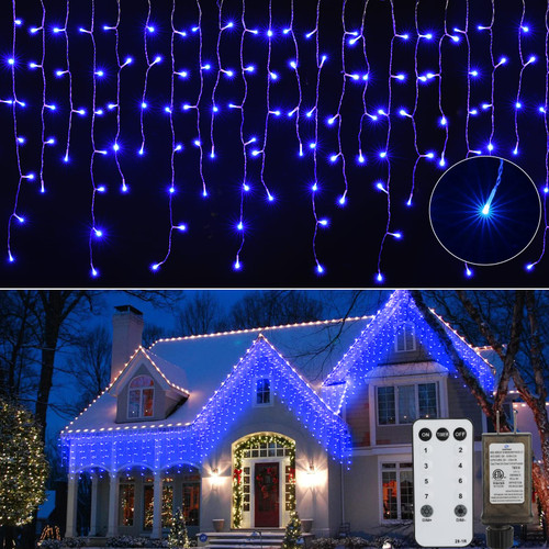 Icicle Lights Outdoor - 40 FT 432 LED Icicle Christmas Lights with 81 Drops, 8 Modes Icicle String Lights with Remote & Timer, Waterproof Fairy Lights for Roof Patio Tree House Decor, Blue