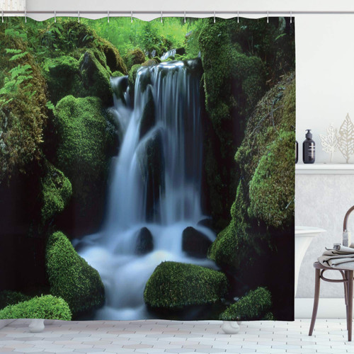 Ambesonne Waterfall Shower Curtain, Flowing Water from Mountains and Stream with Moss Covered Stones Picture, Cloth Fabric Bathroom Decor Set with Hooks, 69" W x 70" L, Dark Green White