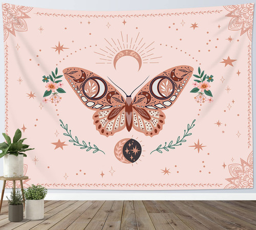 Vintage Butterfly Tapestry Wall Hanging Country Floral Green Leaf and Nature Plant on Pink Wall Tapestry for Bedroom Aesthetic Boho Star Moon Tapestry for Living Room College Dorm Decor,80Wx60H inch Vintage Butterfly Tapestry Wall Hanging Country Floral Green Leaf and Nature Plant on Pink Wall Tapestry for Bedroom Aesthetic Boho Star Moon Tapestry for Living Room College Dorm Decor,80Wx60H inch