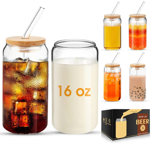 OPAYLY Drinking Glasses Set of 6 glass cups iced coffee cup can shaped glass cups Great for Beer Glasses Whiskey Soda Cocktail Juice Tea tumbler with lid and straw 16OZ OPAYLY Drinking Glasses Set of 6 glass cups iced coffee cup can shaped glass cups Great for Beer Glasses Whiskey Soda Cocktail Juice Tea tumbler with lid and straw 16OZ