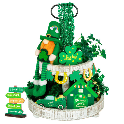 11 PCS St Patricks Day Decorations, St Patrick's Day Tiered Tray Ornaments, Shamrock Wood Table Signs Set, Irish Lucky Gnomes Doll Truck Clover Decor Centerpieces for Tabletop Fireplace Shelf Home