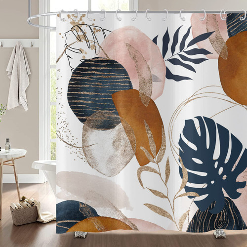 Abstract Shower Curtain Boho Mid Century Navy Blue Gold Colorful Modern Geometric Leaves Plant Neutral Minimalist Bathroom Curtain with Hooks Waterproof Fabric Shower Curtains Home Decor 72Wx72L