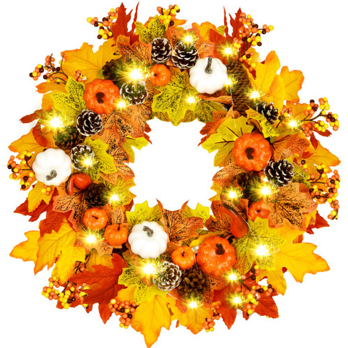Fall Wreath,Halloween Wreath,Fall Wreath for Front Door,with 30 LED Battery Powered Pumpkin Pine Cone Berry Faux Maple Leaf Garland for Halloween Decorations Home Fall Wreath,Halloween Wreath,Fall Wreath for Front Door,with 30 LED Battery Powered Pumpkin Pine Cone Berry Faux Maple Leaf Garland for Halloween Decorations Home