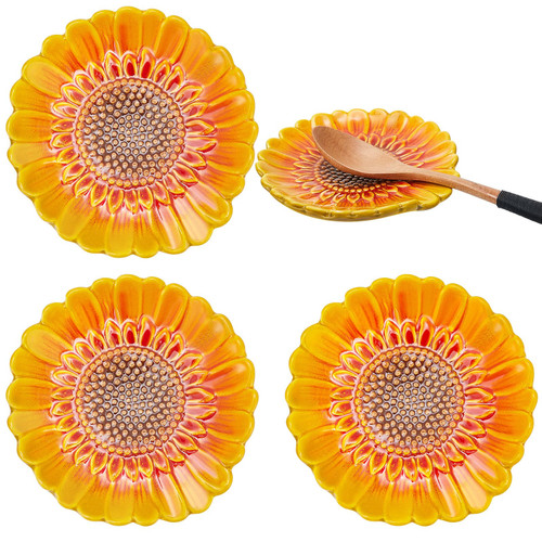 Nuanchu 4 Pcs Sunflower Shape Spoon Rest Ceramic Spoon Holder for Stove Top Multifunctional Sunflower Kitchen Decoration Porcelain Utensil Cute Spoon Holder for Farmhouse Counter Dining Table Gifts