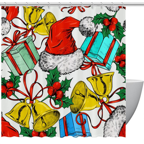 Shower Curtain, Christmas Hat Gift Bells Red Pattern Bathroom Curtain, Bathroom Shower Curtain with Hooks, Kids Bathroom Decor 72 Inch