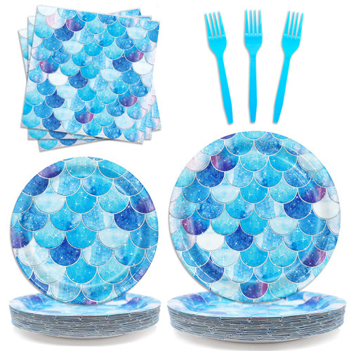 96pcs Mermaid Party Supplies Tableware Set Mermaid Birthday Party Decorations Mermaid Ocean Theme Disposable Dinnerware Set Paper Plates Napkins Forks for 24 Guests